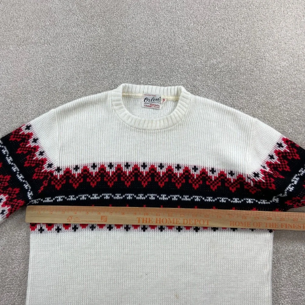 Vintage 60's Rugby Orlon Sweater Mens 42 White Red Black Fair Isle Crew Neck